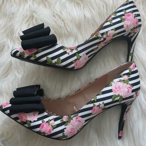 Betsey Johnson Bret Pink Rose Black White Stripe Floral Heels (NTW)